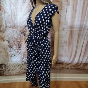 Grecerelle Women's Large Navy & White Polka Dot Surplice Long Flowing Maxi Dress